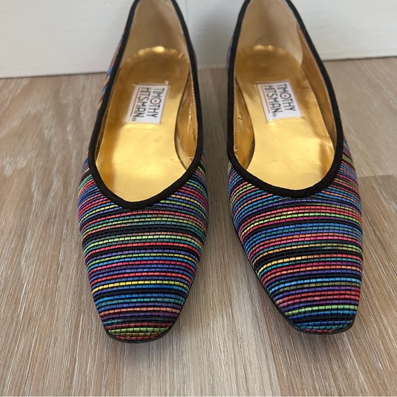 Vintage Timothy Hitsman Rainbow Stitch Square Toe Pumps 7.5N gold heel multi - Picture 4 of 9